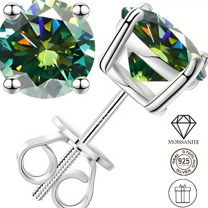 Emerald Green Moissanite & 9.25 Sterling Silver Earrings